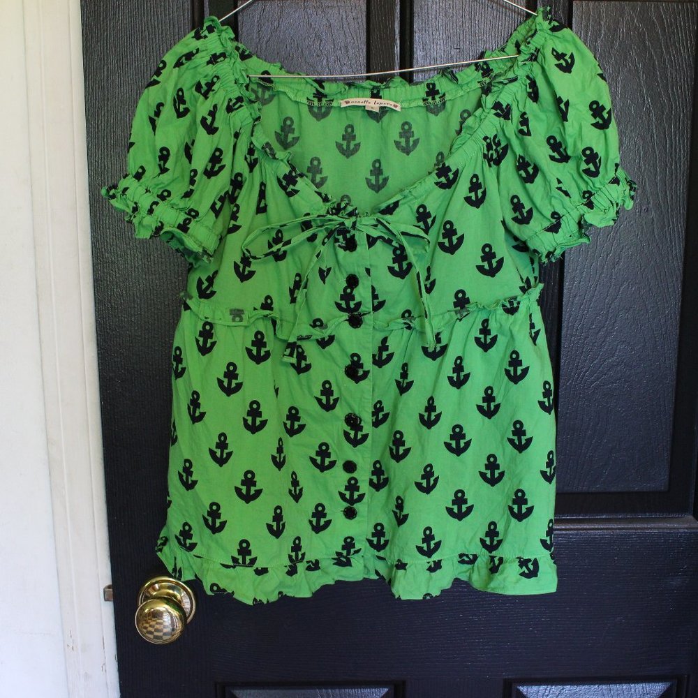 NANETTE LEPORE GREEN/BLUE ANCHOR BUTTON TOP SIZE 6